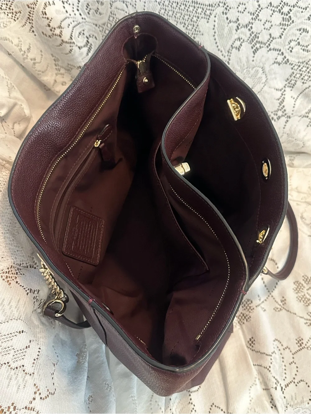 Coach 57107 Oxblood Pebbled Leather Turnlock Chain Tote